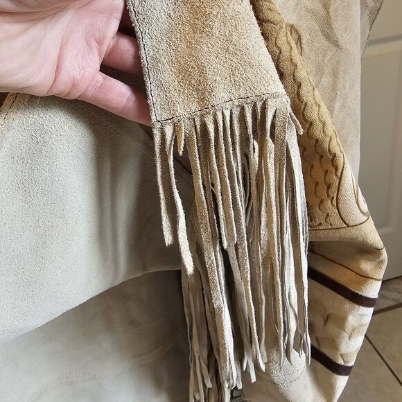 Mexican Vintage Suede Leather Fringe Poncho Pyrography Native Aztec Cape Costume - Picture 11 of 11